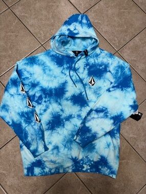 Volcom Blue Tie-Dye Pullover Hoodie with Sleeve Stones